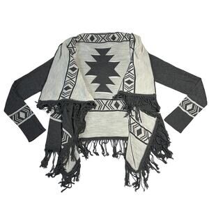 Women's Aztec Print Open Front Cardigan With Fringe Trim Size Small Boho Casual
